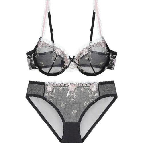 Lace Lingerie Set Floral Embroidery Women Bra Set String See Through Underwear Set Transparent Sexy Lingerie