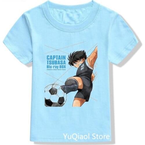 Summer Boys Clothes Blue Tshirt Cartoon Captain Tsubasa T-Shirt Kids Clothing Teen Youth Student Top Children Birthday Gift Tee
