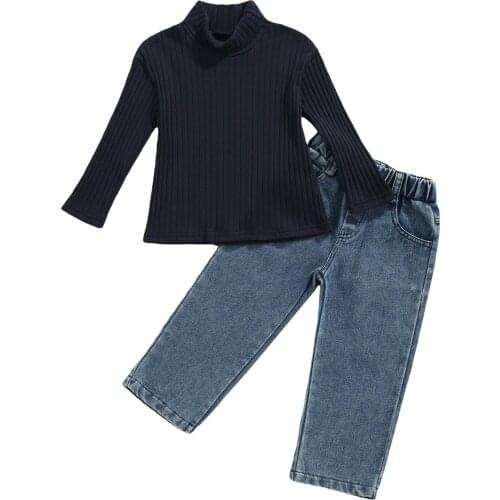 2021 2-7Y Fashion kids Girl Clothing Long Sleeve Turtleneck Neck Rib Knitted Long Sleeve Sweater Tops+Denim Pants Set Fall 2pcs