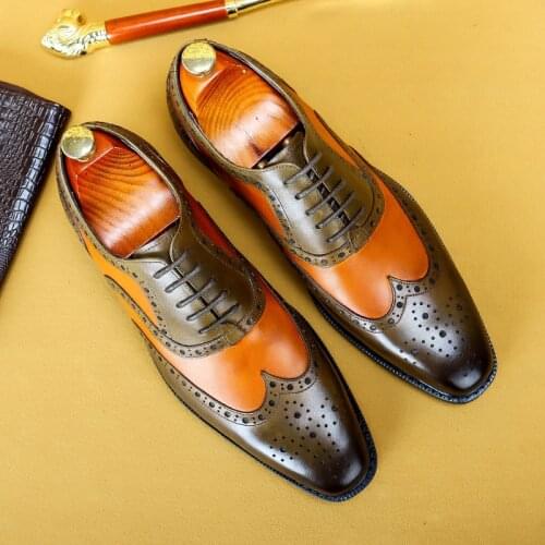 Men Genuine Leather Wingtip Retro Oxford Shoes Pointed Toe Laces Up Oxfords Dress Brogues Wedding Business Platform Shoes