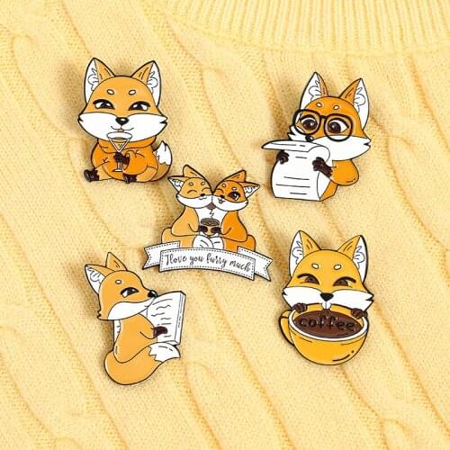 Fox Coffee Enamel Pin Custom Lover Drink Newspaper Brooches Bag Lapel Pin Cartoon Animal Badge Jewelry Pins for Backpack Clothes