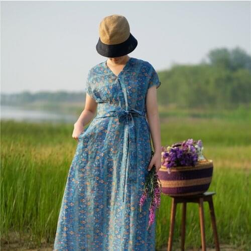 2019 Element Printing Dress Blue Ramie Number Printing V Lead Pullover Waist Show Lanky dress 190728