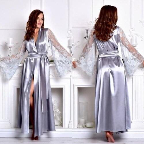 Silver Bridal Bathrobe Lingerie Lace Floor Length Robes Long Sleeve Sleepwear Satin Silk Nightwear Babydoll Robe Dressing Gowns