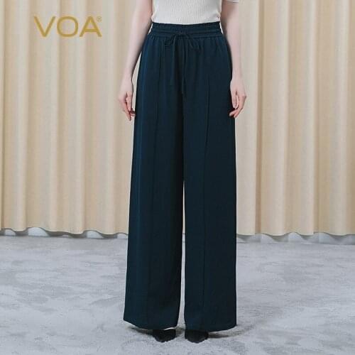 VOA 38m/m Silk Heavy Beef Tendon Waist Drawstring Bag Navy Blue Simple Loose Breathable Mature Woman Wide-leg Pants KE383