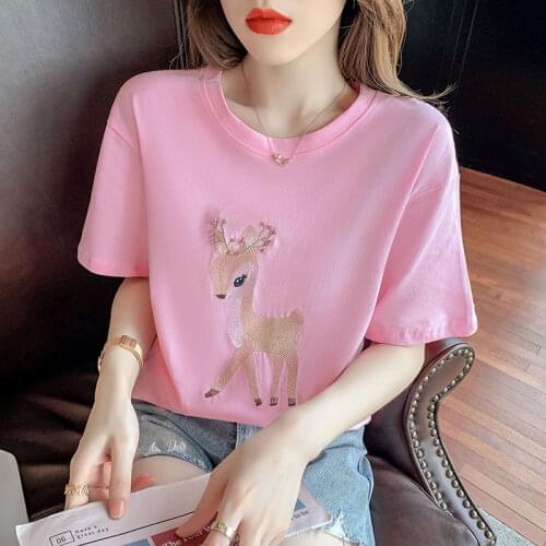 Summer Short Sleeve Fashion embroidery Lady T-shirts Top Retro Small Deer embroidered T Shirt Womens T-Shirt 2021 Loose t shirt