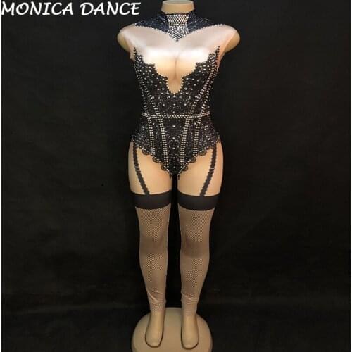 Women Sexy Stage Bodysuit & Yarn Skirt Sparkling Crystals Jumpsuit Nightclub Birthday Wedding Party Wear Dancer Singer Costumes
