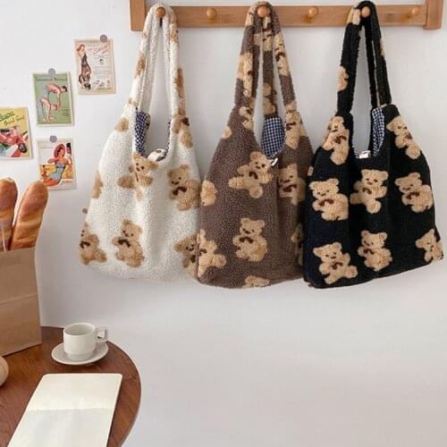Women Lamb Like Fabrics Shoulder Tote Bag Canvas Fluffy Fur Bear Handbags cute child bag Two Size use