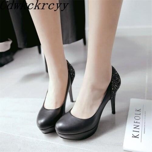 Spring New pattern fashion Round head High-heeled Women Shoes black white Pink Rhinestone Shallow mouth Sequins Women Shoes34-45