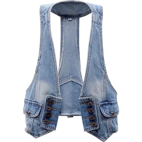 Vintage Short Denim Vest Women 2020 Summer New Korean Fashion Slim Cardigan Tops Sleeveless Jacket Jeans Waistcoat Ladies H388