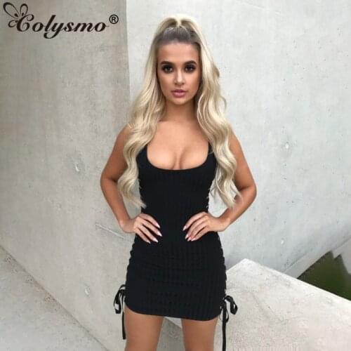 Colysmo Sexy Woman Dress Black Cut out Lace up Backless Ribbed Knit Bodycon Short Tank Dress Ladies Summer Party Club Sundress