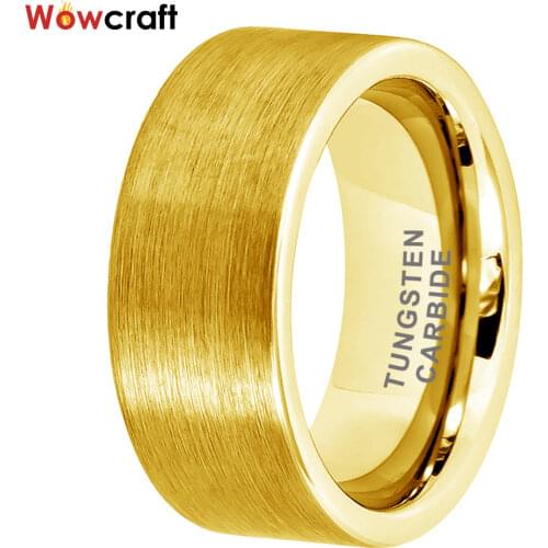 10mm Gold Tungsten Carbide Rings for Men Flat Band Brushed Finish Comfort Fit USA Size 7-15