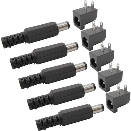 50Pairs DC Connector 5.5 x 2.1mm DC Power Male Plug DC-005 Female Socket Jack PCB Mount DIY Adapter Black 5.5*2.1mm