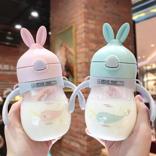 320ml Baby Kids Lovely Cup Toddler Infant Cartoon Deer Children Learn Drinking Straw Bottle With Handle Newborn Tritan Sippy Cup