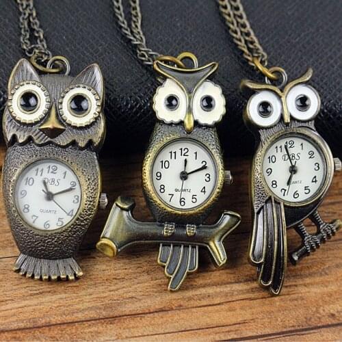 NAZEYT Vintage Bronze Cute Owl Pocket Watch Fob Chain Necklace Pendant Hour clock For Men Women Animals Pocket Watches
