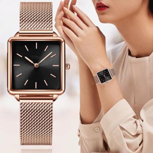 Reloj Mujer Luxury Women Watches Rose Gold Simple Magnetic Mesh Belt Band Watch Womens Fashion Square Wristwatch Zegarek Damski