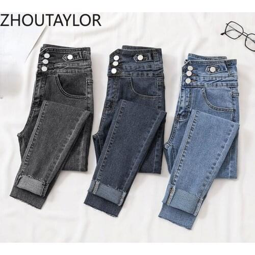 ZHOUTAYLOR Jeans Woman Button Fashion Full Length Zippers High Waisted Pencil Pants Femme Office Lady Autumn Trousers Female