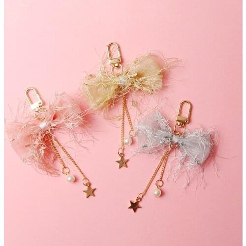 Cute Sweet Lace Bowknot Star Airpods Accessories Keychain For Women Trinket Key Chains Ring Car Bag Pendent Charm D310