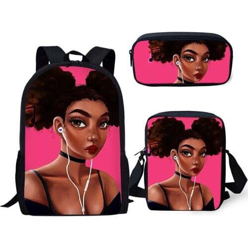 Kawaii African Girl Pattern Primary School Backpack Set 1-6th Student Backpack Day Life 3 Pcs Satchel Bag Book Bag