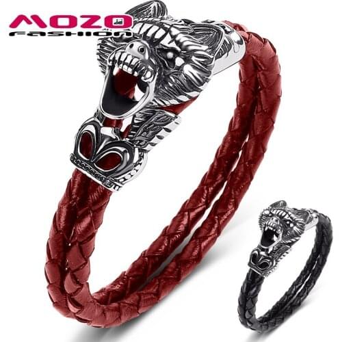 MOZO FASHION 2021 Men Jewelry Black Genuine Leather Stainless Steel Punk Screaming Wolf Women Charm Wholesale Bracelets 544