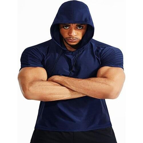 2021 Summer Mens Hooded T-shirt Solid Color Hedging Slim Short Sleeve Large Size Fashion Casual Sweatshirt