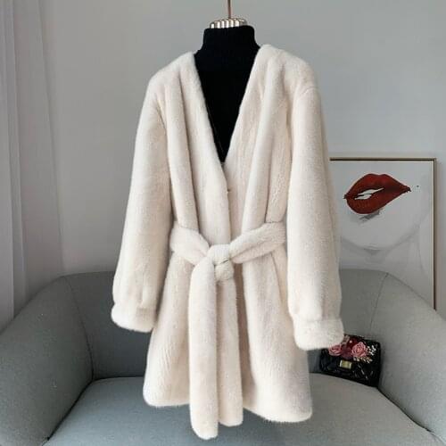 2021 New Women Winter Faux Mink Fur Coat With Scarf Belt Thick Loose Long V-Collar Warm Coat Casaco Feminino