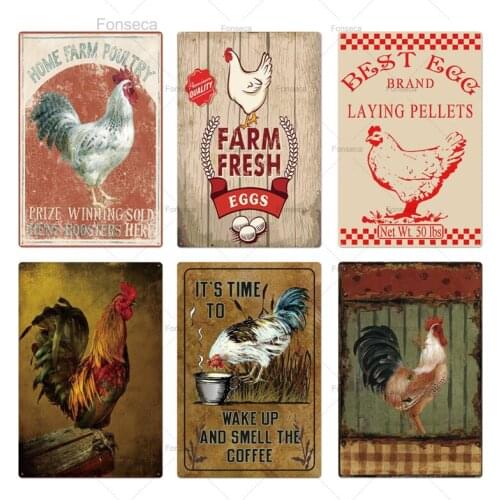 Chicken Tin Sign Vintage Farm Fresh Eggs Metal Plaque Farmhouse Chicken Zone Wall Decor Rooster Retro Iron Poster (20x30cm)