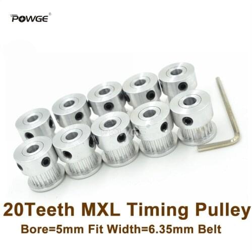 POWGE 10pcs 20 Teeth MXL Timing Pulley Bore 5mm Fit Width 6.35mm MXL Belt 20T 20Teeth MXL Pulley 3D Printer DIY Ultimaker