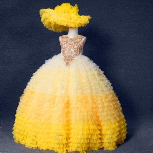 Yellow Girls Puffy Princess Ball Gowns Yellow Girls Sleeveless Lace Applique Girls Celebrity Birthday Dresses Custom