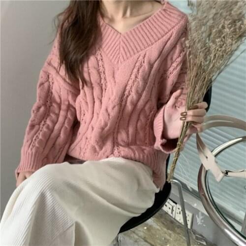 Loose and lazy wind wear V-neck Knitted Top Womens autumn Pullover Vintage sweater fashion dropshipping