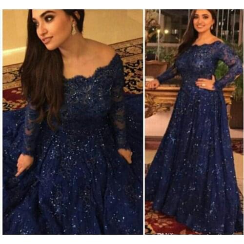 Dark Navy Plus Size Mother Of The Bride Dresses Long Sleeves Bateau Sequined Lace A Line Long Formal Dinner Guest Gown