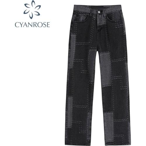 Womens Patchwork High Waist Jeans Baggy Vintage 2021 Autumn Fashion Y2K Streetwear Wide Leg Pants Straight Denim Long Trouser