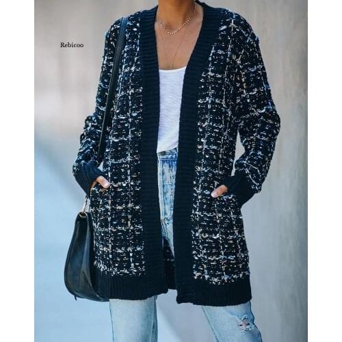 Women Plaid Cardigans Vintage Long Coat Women Jacket Knitwear Winter Slim Sweater Cardigan Pockets Bohemian