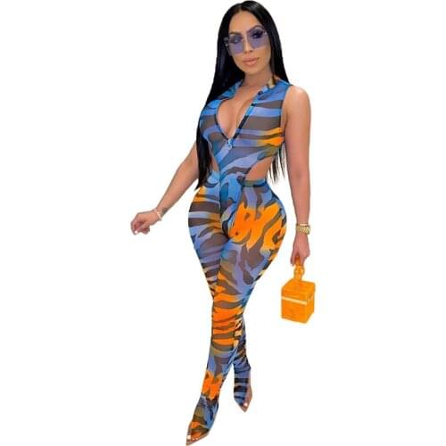 Women Tracksuit Print Perspective Mesh Sexy Two Piece Set Sleeveless Bodycon High-Cut Bodysuit Long Pencil Pants Plus Size Club