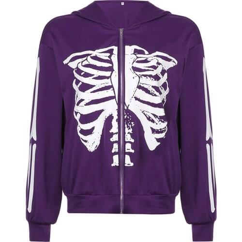 2021 E-girl Gothic Sweatshirt 90s Vintage Skull Bones Print Long Sleeve Zip Up Coats Top Women Autumn Winter Hooded Punk Clothes