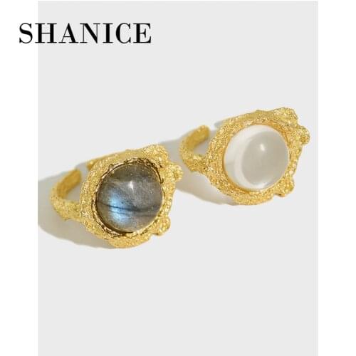 SHANICE S925 sterling silver open ring ins niche French light luxury texture retro white crystal labradorite female Street dance