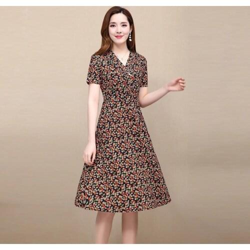 Women Casual Spring and summer Dress Lady Korean Style Vintage Floral Printed Chiffon New slim slimming simple printinger Dress