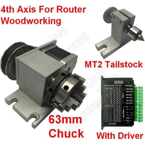 4 Axis Rotation A Axis 4th Rotary& 3 Jaws Sanou K01-63 2.5" 63mm Chuck & Driver & MT2 Tailstock Kits for Router Woodworking CNC