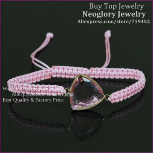10pcs Pink Color Triangle Beads Macrame Bracelet,Gold Color Edge Clear Faced Quartz Beads Bracelet,Gems Stone Rope Bracelet