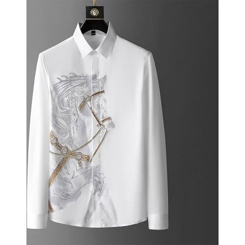 Black Animal Horse Shirt Social Camisa Hombre Rhinestones Shirts Mens Luxury Top Diamond Mens Shirt Long Mouw Slim Casual Shirt