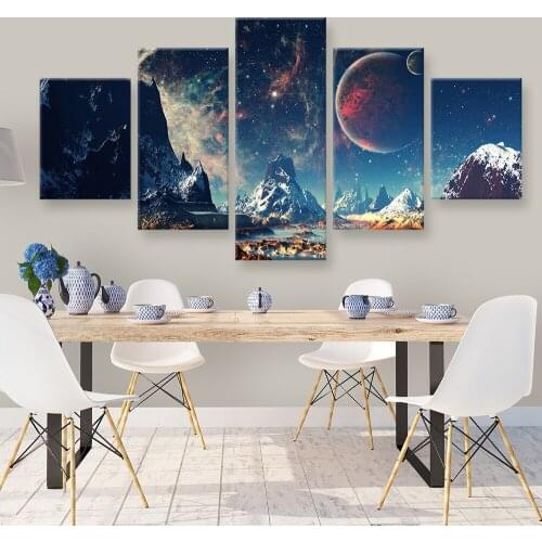 Home Decor Canvas HD Prints Wall Art Pictures 5 Pieces Mountains And Space Painting Set Planet Snow Lake Galaxy Poster Framework
