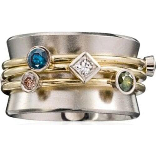 Huitan Fashion Band Ring for Women with Gold Color Waist Line Geometric Colorful CZ Stone Personality Girl Party Finger Rings