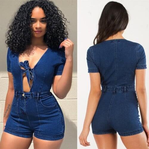 Summer Jean Jumpsuit For Ladies Sexy Women Overalls Playsuits Denim Bodysuit Female Jeans Bodycon Shorts Jumpsuit 2019 DD2140