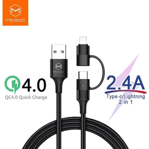 Mcdodo 2 in 1 USB Type C Cable For iPhone XS MAX XR X 8 7 Fast Charging USB C Cable For Samsung Xiaomi Phone Charger Data Cord
