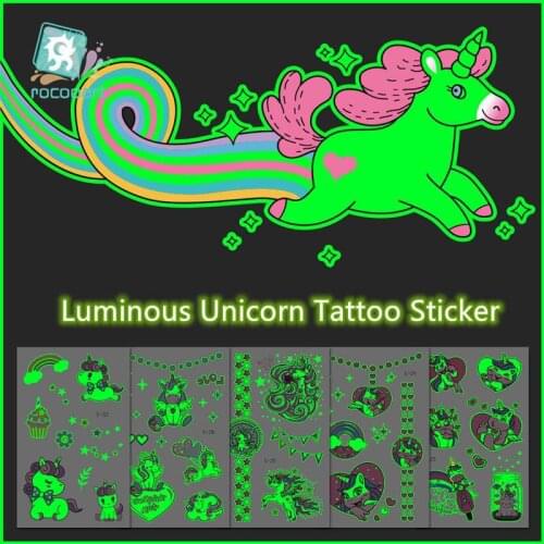 Lovely Unicorn Water Transfer Luminous Waterproof Temporary Tattoo Stickers For Girl Children Halloween Party Gift Fake Tattoo