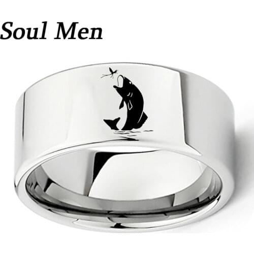 Engraved Hunting Flying Fish Ring 11mm Wide Flat Tungsten Carbide Wedding Band Mens Big Fashion Ring Size 7 to 13