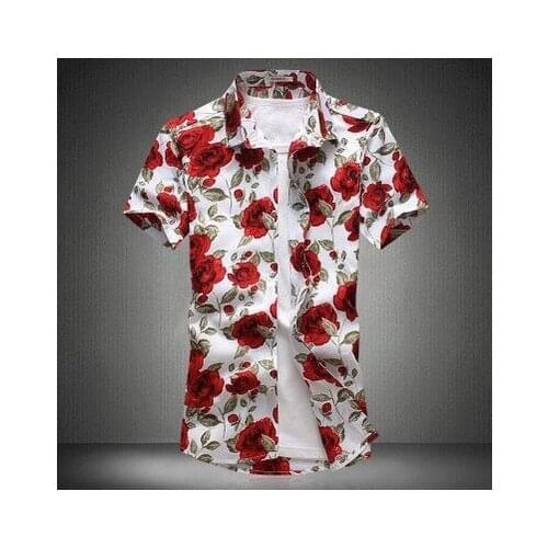 Mens Cotton Blend Floral Printed Lapel Short Sleeves Casual Shirts Plus Tops Summer Male Shirt