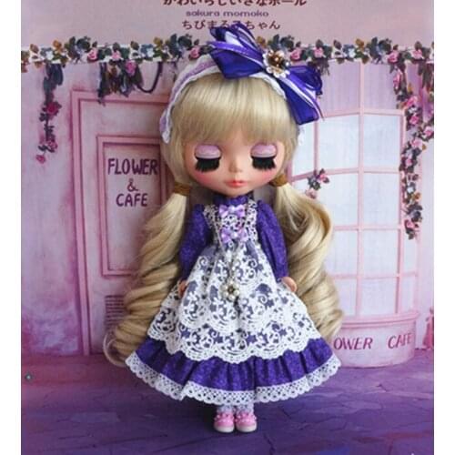 New 4pcs/set 1/6 fashion doll clothes Handmade blyth doll dress pullip clothing purple lace dress+necklace+headband+socks