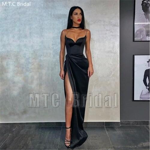 New Design Black Sexy Prom Dresses Spaghetti Strap High Slit Pleat Satin Women Party Dress Plus Size Long Formal Gowns Cheap