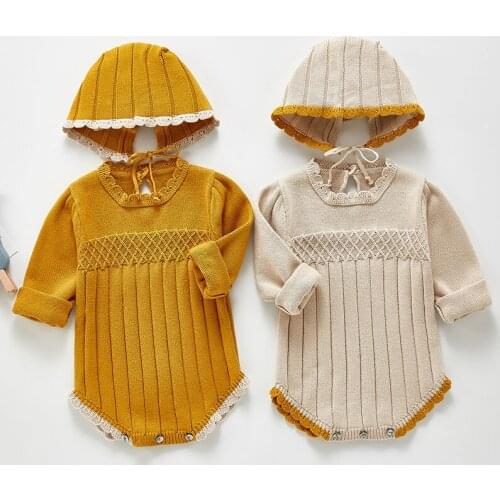 Spring Baby Girls Long Sleeve Pure Color Rompers + Hat Jumpsuit Clothes Autumn Kids Baby Girl Knit Clothes Rompers