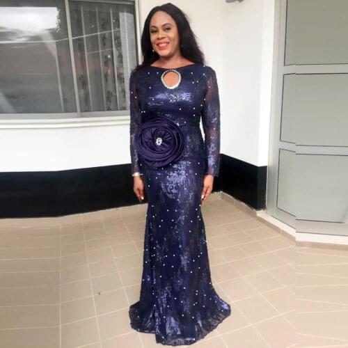 Sparkling Sequins Aso Ebis Dresses With Handmade Flower Long Sleeves Plus Size Prom Dress Keyhole Neck Long Evening Gowns